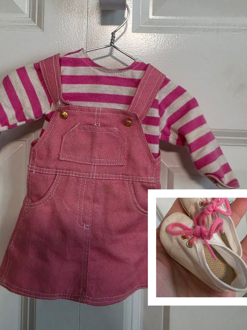 18in doll Pink overall dress and top with Canvas Shoes set american girl